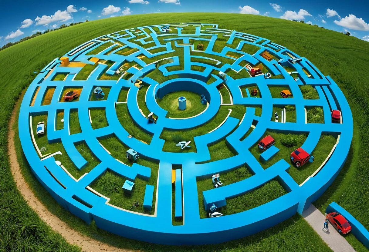 A visually engaging maze made of colorful insurance-related icons, such as life, health, and car insurance symbols, with a person thoughtfully navigating through it, looking at a map that highlights various coverage options. The background should be vibrant, with a clear blue sky and green fields to symbolize clarity and positivity in decision-making. The overall tone should evoke a sense of guidance and exploration. super-realistic. vibrant colors.