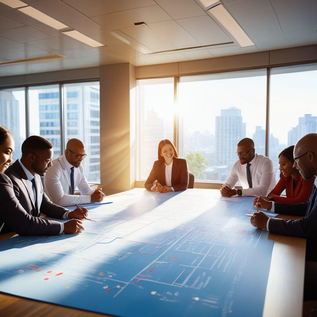 A diverse group of professionals analyzing a large blueprint laid out on a table, with health and life insurance symbols like hearts and stethoscopes scattered around. Bright, welcoming colors to convey optimism and clarity, with a sunlit office background to create an inspiring atmosphere. super-realistic. vibrant colors. soft focus.