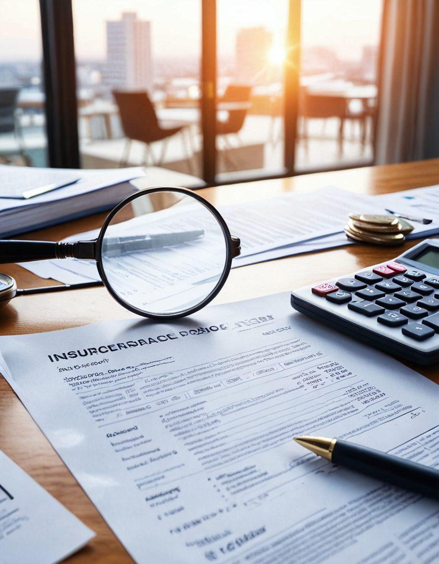 An open insurance policy document with a magnifying glass highlighting key sections related to policies, premiums, and coverage types. In the background, soft-focus images of diverse people discussing insurance in a modern office setting. A calculator and coins to represent financial aspects, while light streams in through a window creating a warm atmosphere. clean lines. vector art. vibrant colors.